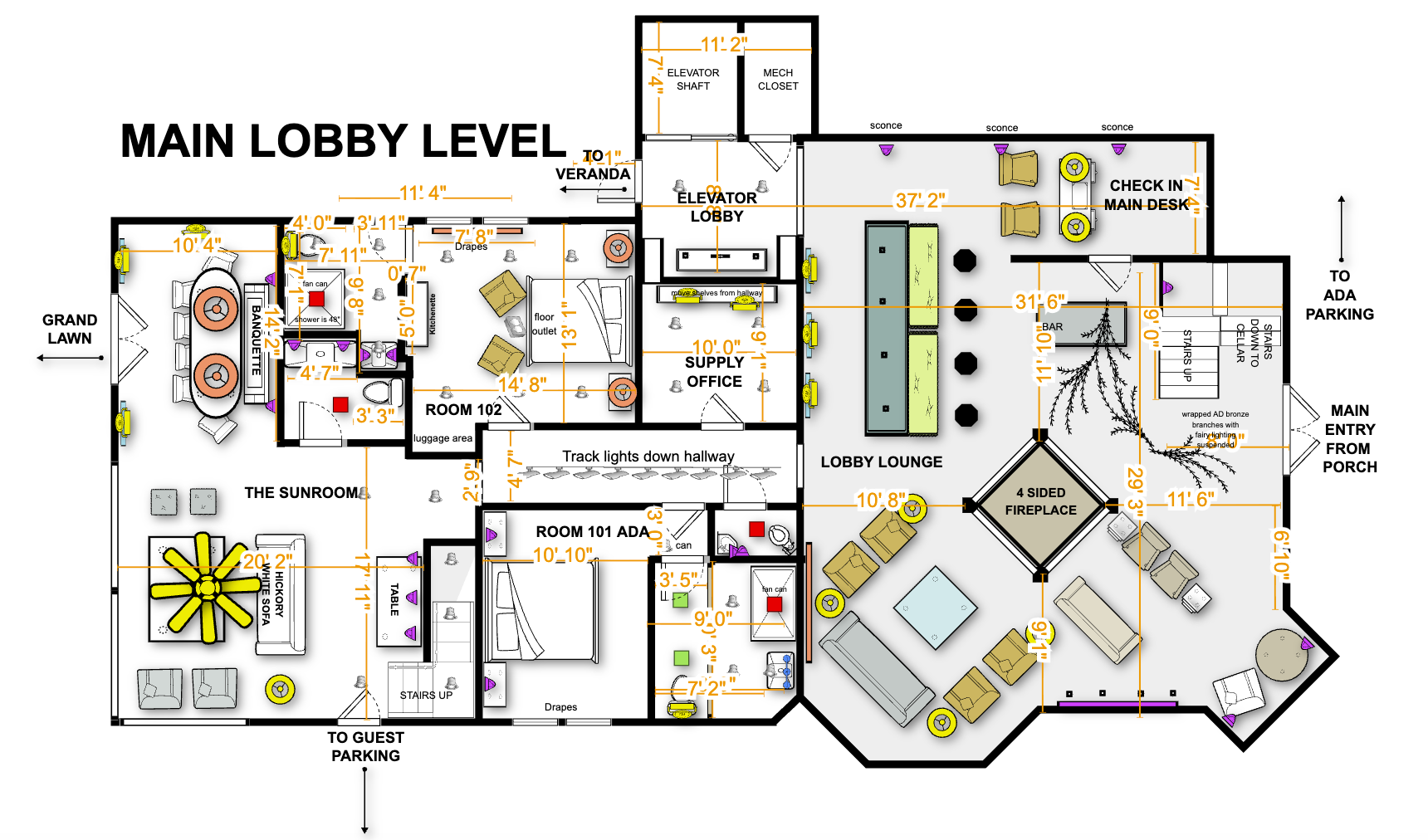 Main Lobby Level floor plan — Lobby Lounge, Sunroom, Room 101 ADA, Room 102, and Bar at The Saluda Inn