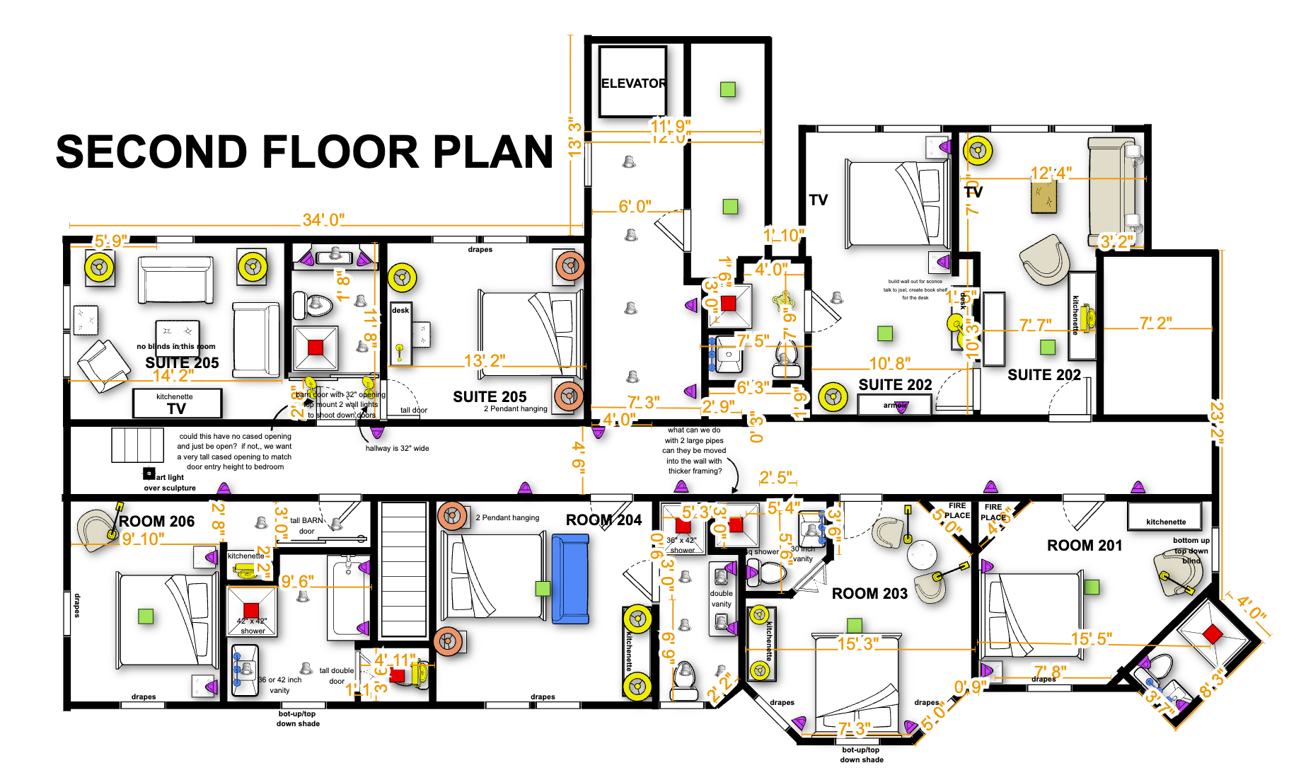 Second Floor plan — Rooms 201–206 and Suites 202 & 205 at The Saluda Inn
