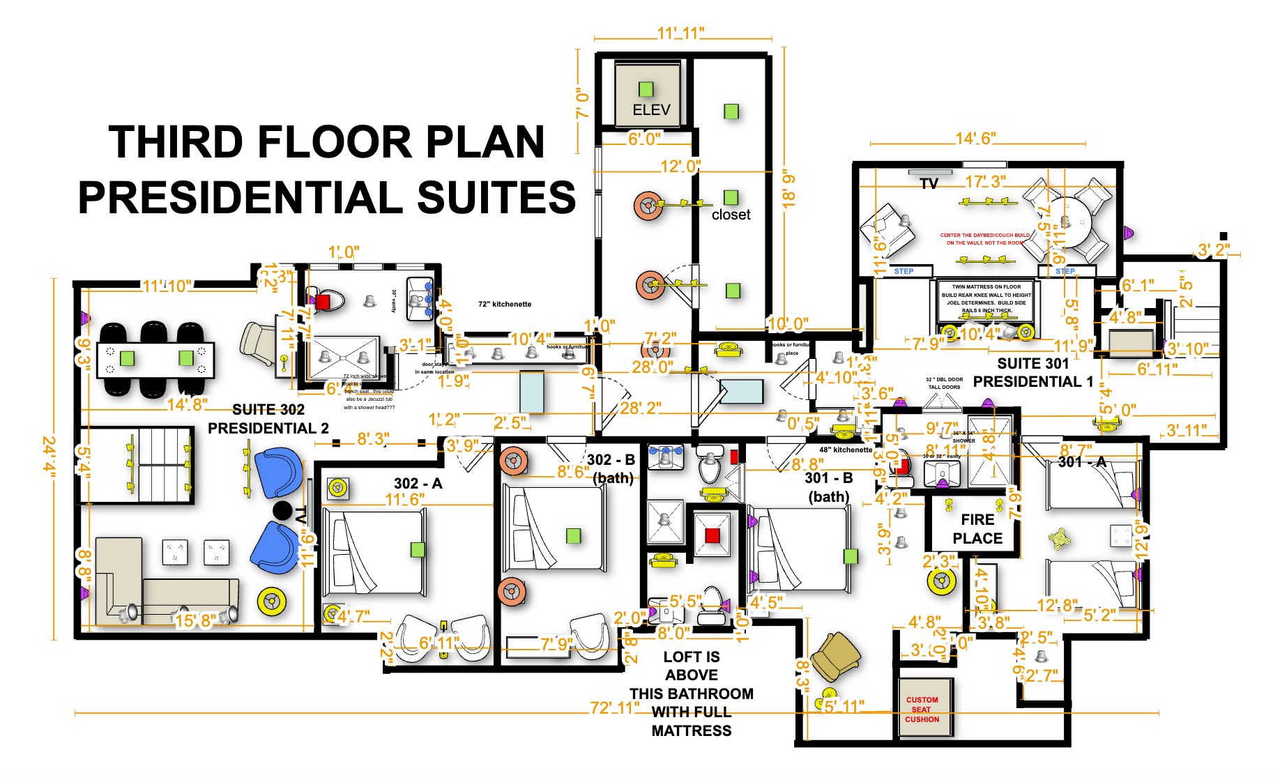 Third Floor Presidential Suites floor plan — Suite 301 and Suite 302 at The Saluda Inn