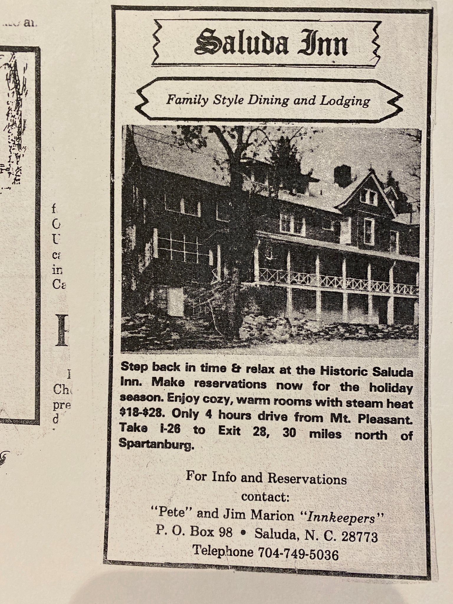 Saluda Inn — Family Style Dining & Lodging Ad