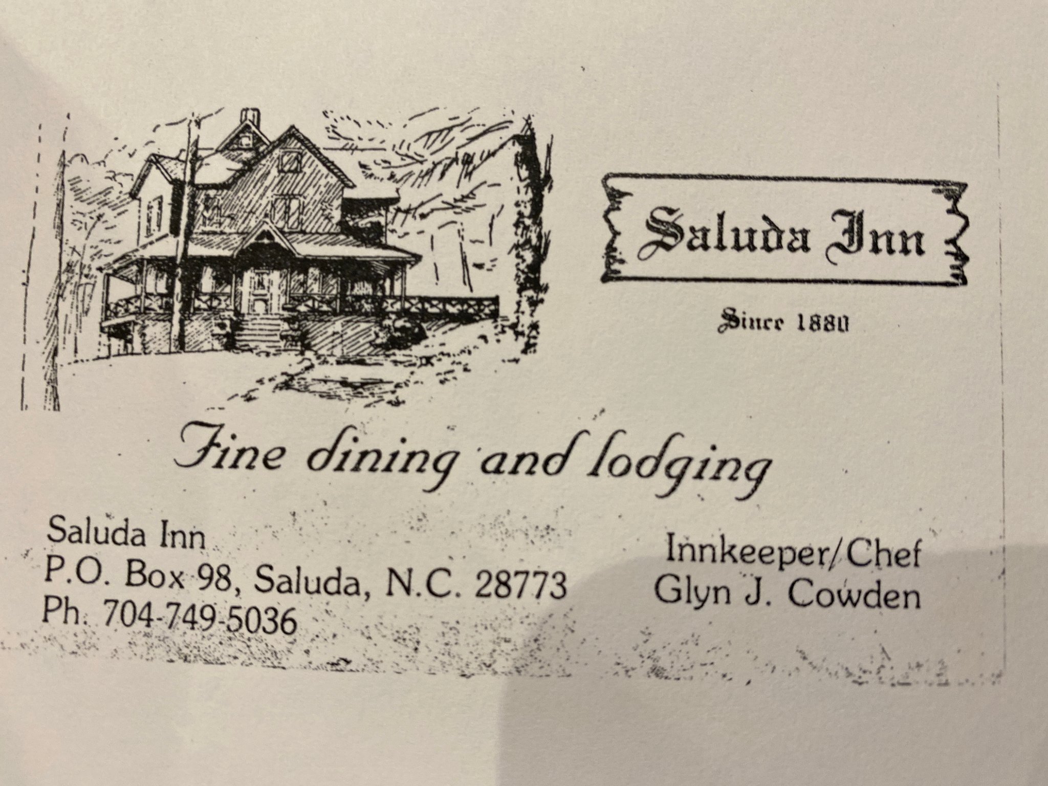 Saluda Inn Business Card — Innkeeper/Chef Glyn J. Cowden