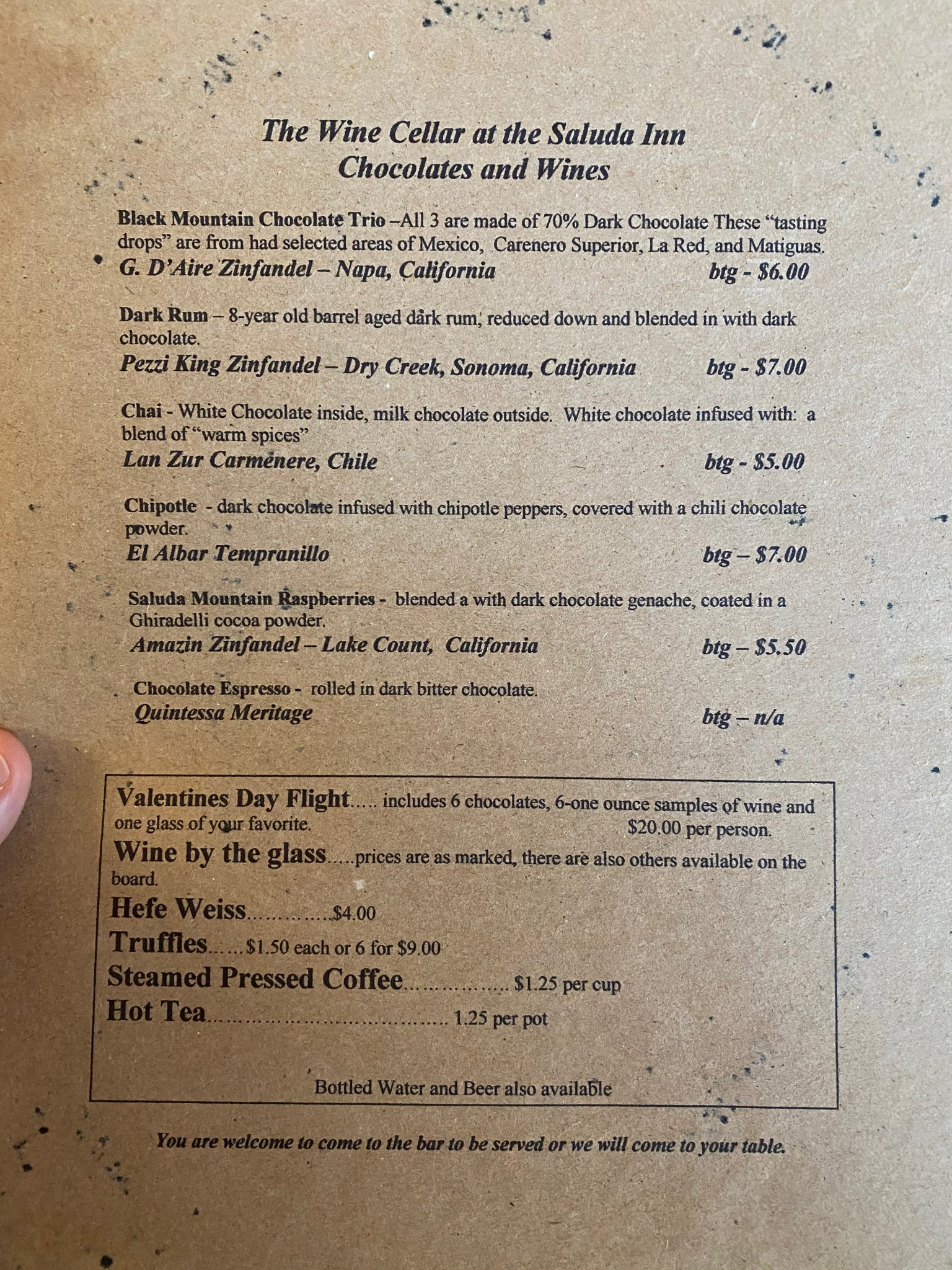 Wine Cellar at the Saluda Inn — Chocolates & Wines Menu
