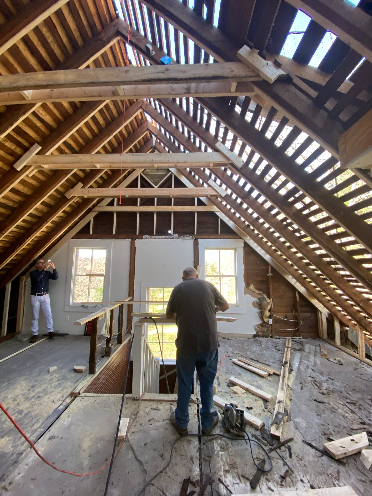Upper floor — crew at work on framing & windows