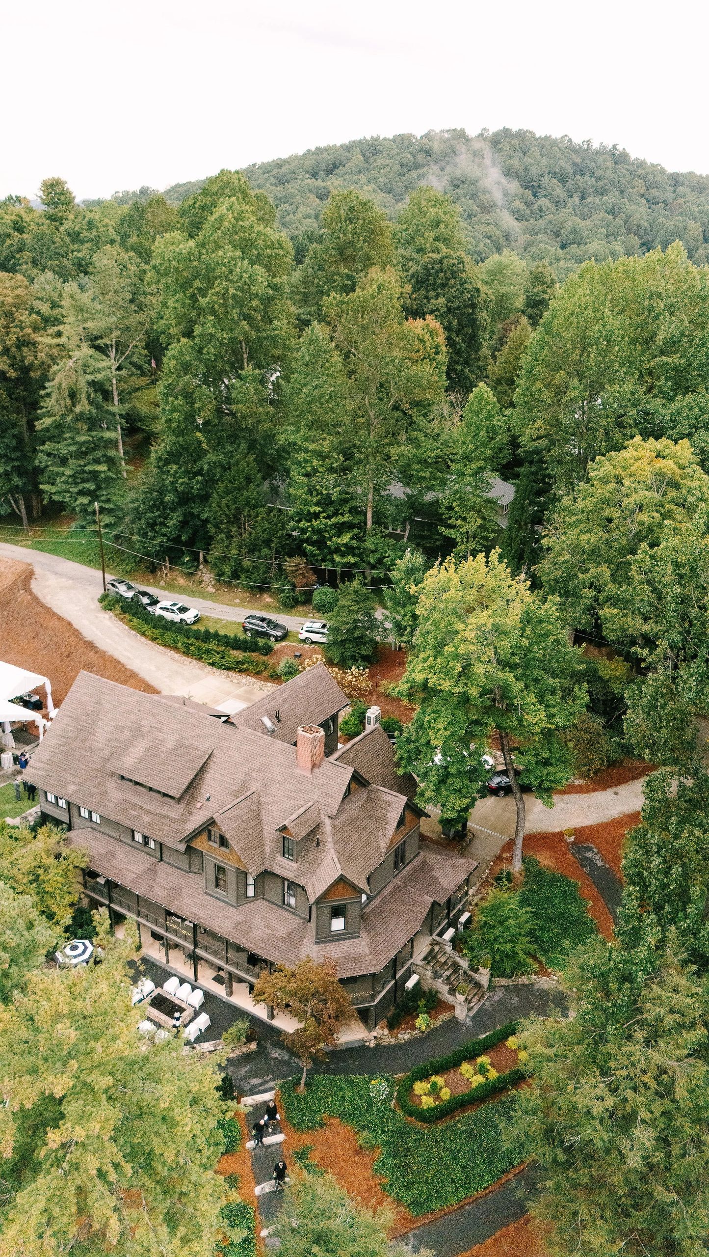 Drone view of The Saluda Inn — mountain wedding venue and boutique hotel Saluda NC