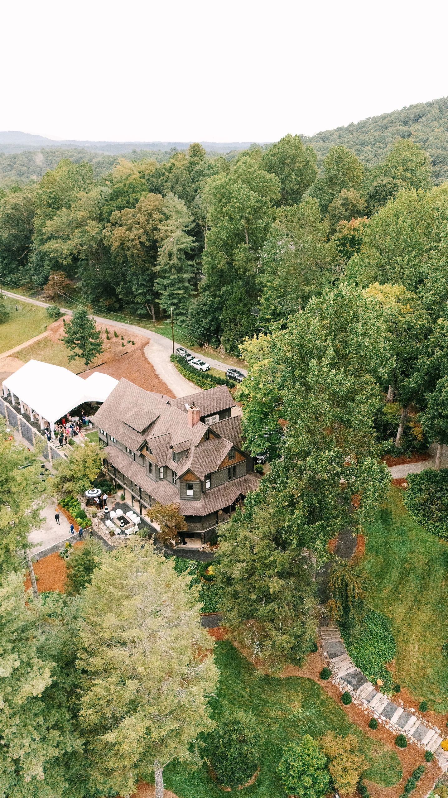 Aerial view of The Saluda Inn grounds — wedding venue in the Blue Ridge Mountains NC